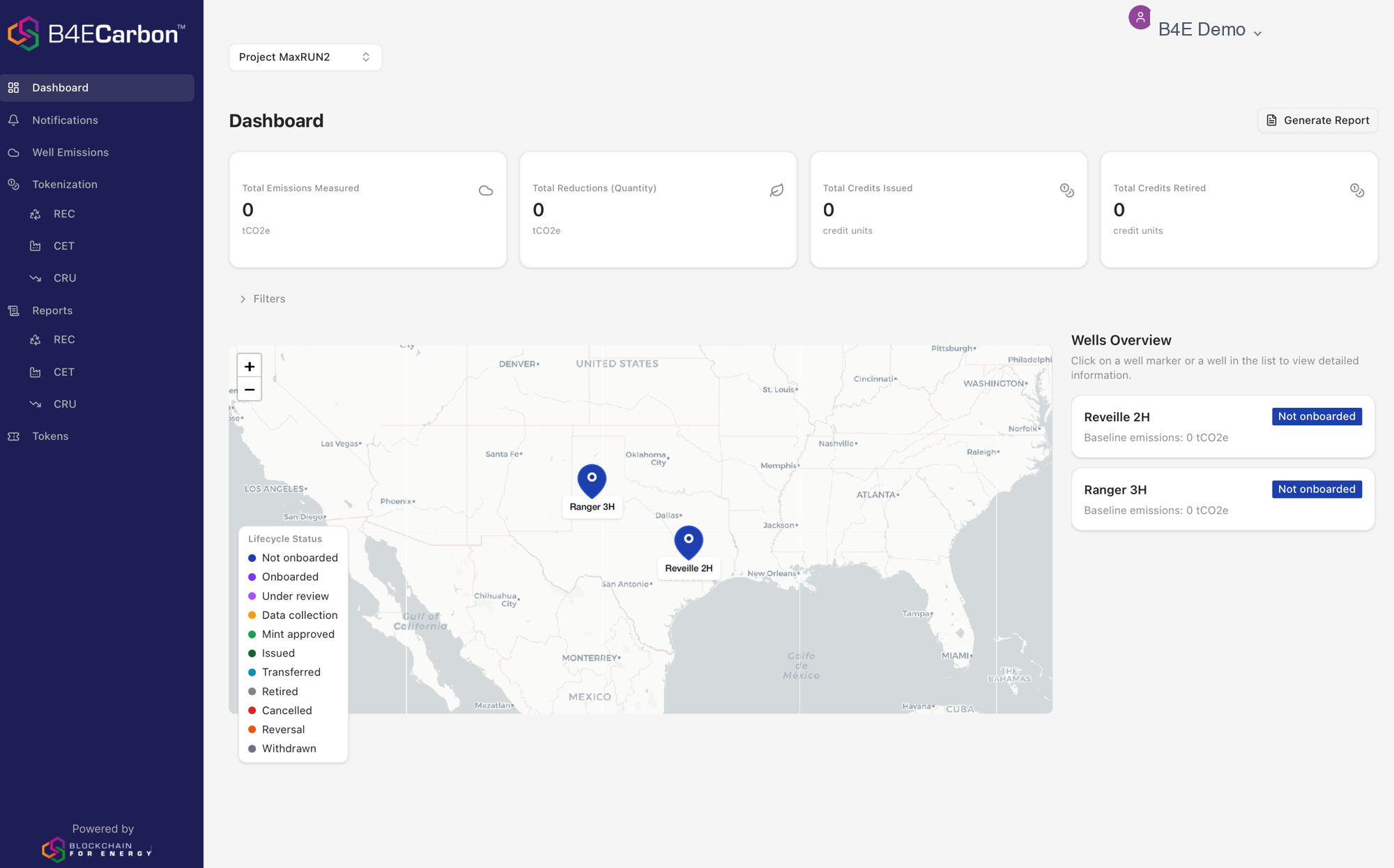 B4E Carbon dashboard — well-level emissions, credit tokenization, and lifecycle status across a live map.